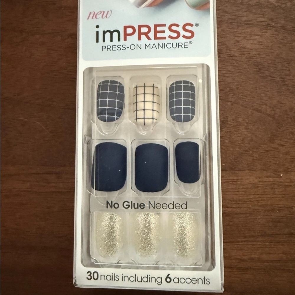 imPress Press On Nails 62303 Bells & Whistles Matte Navy Silver Glitter Grid